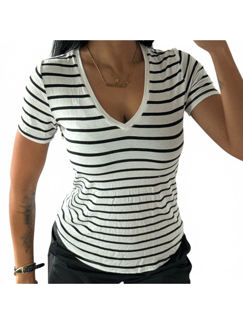 Old Navy Luxe Black White Striped V-Neck Tee Size XS